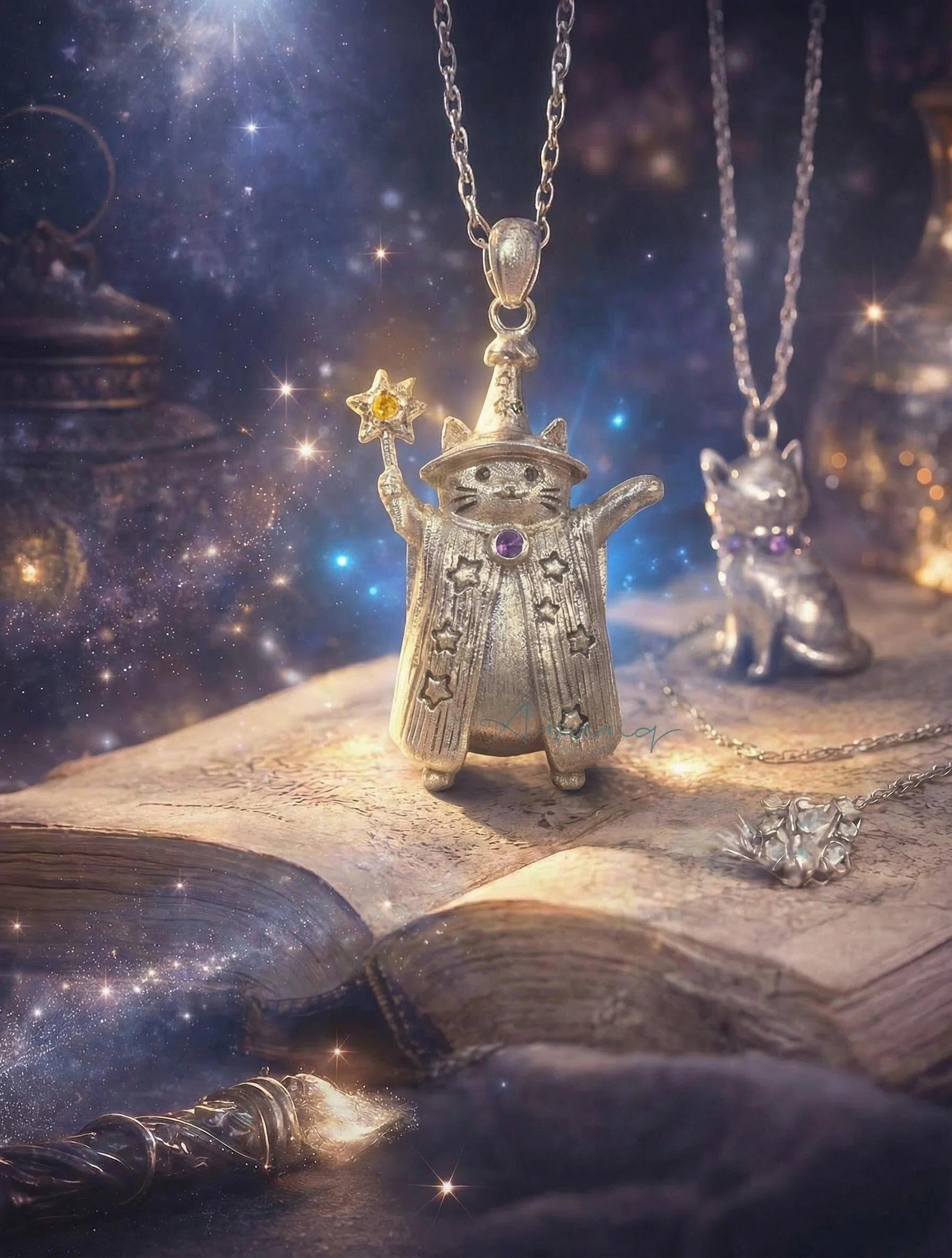 Little Wizard Cat Necklace – Vintage Magic Pendant