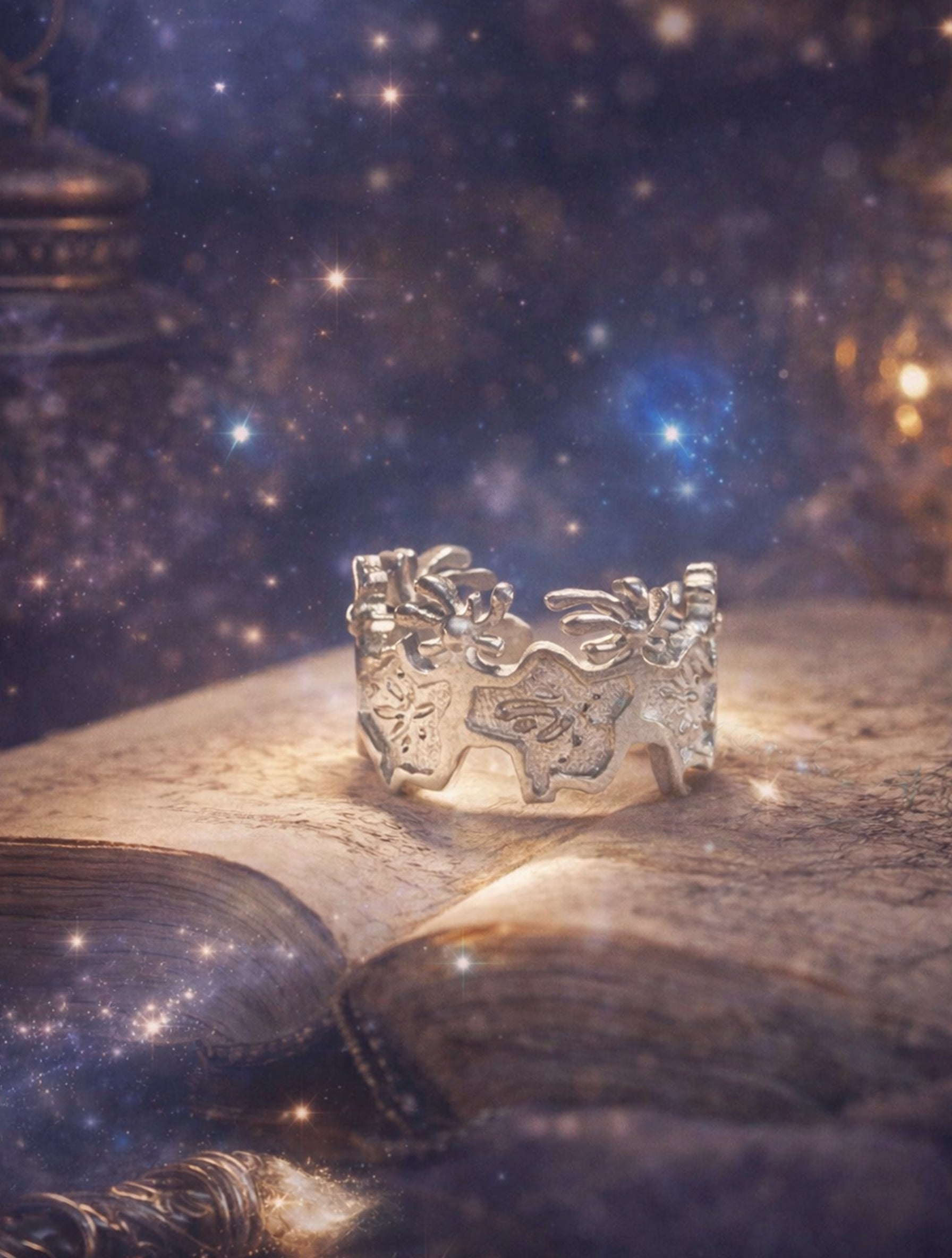 Vintage Celestial Engraved Ring – Adjustable Silver Band